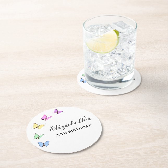 Bunte Schmetterlinge zum Geburtstag Runder Pappuntersetzer (Vor Ort)