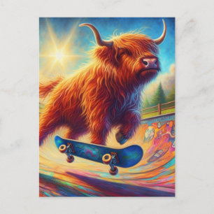 Bunte schottische Highland-Kuh beim Skateboardfahr Postkarte