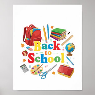 Bunte Schulranzen und Schulbedarf   Lustige Kinder Poster