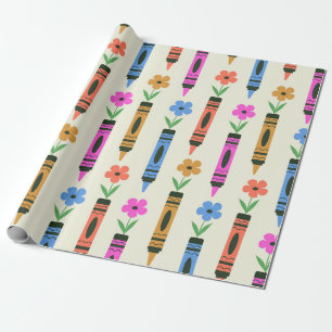 Bunte Schulstifte mit Retro-Blumen-Muster Geschenkpapier