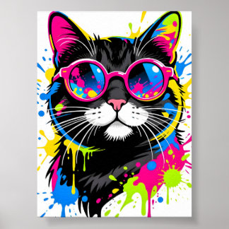 Bunte schwarze Katze mit lebendiger rosa Sonnenbri Poster
