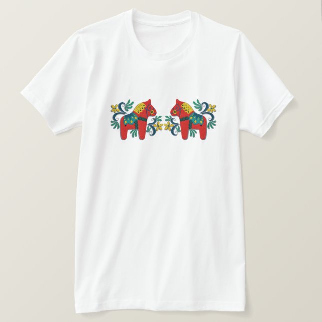 Bunte Schwede Dala Pferdezwillinge T-Shirt (Design vorne)
