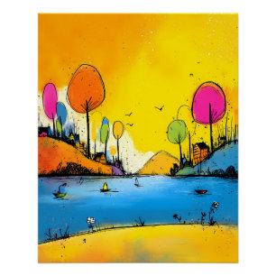 Bunte Seenlandschaft im Pop Art Cartoon Stil Poster