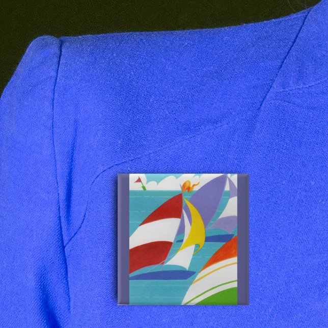 Bunte Segelboote Button (Abstract sailboats bright colours blue lake clouds on square pin back button.)