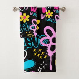 Bunte Smiley-Blumen-Graffiti-Muster-Babylätzchen Badhandtuch Set