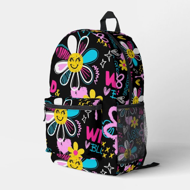 Bunte Smiley-Blumen-Graffiti-Muster-Babylätzchen Bedruckter Rucksack (Rückseitige Ecke Rechts)