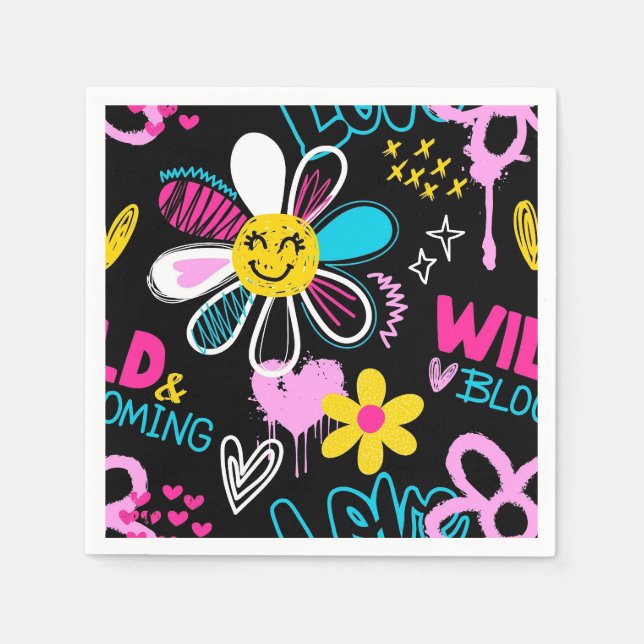 Bunte Smiley-Blumen-Graffiti-Muster-Babylätzchen Serviette (Vorderseite)
