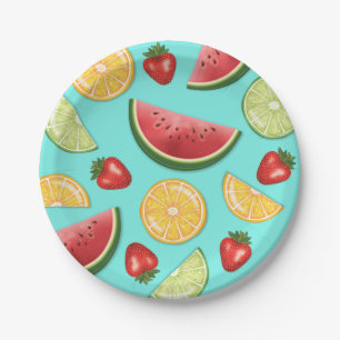 Bunte Sommerfrüchte Wassermelone Erdbeere Limette Pappteller