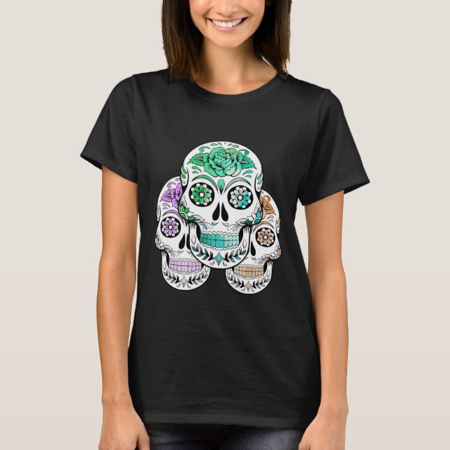 Bunte Spooky Sugar Skulls Halloween T-Shirt (Vorderseite)