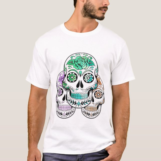 Bunte Spooky Sugar Skulls Halloween T-Shirt (Vorderseite)