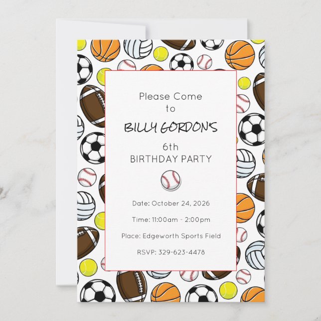 Bunte Sportparty für Kinder, Spaß beim Baseball Einladung (Vorderseite)