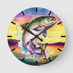 Bunte Springende Regenbogenforellen-Uhr Runde Wanduhr