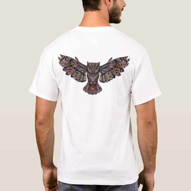 Bunte Stammes- Fliegen-Eule T-Shirt (Rückseite)