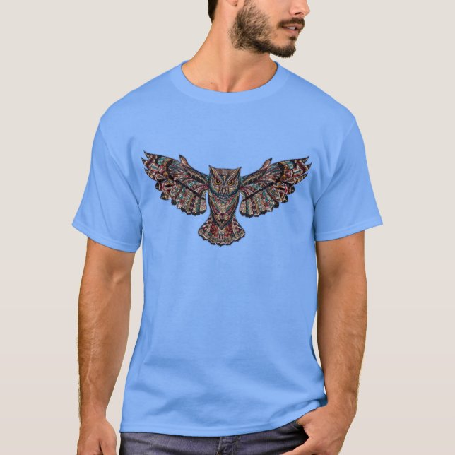 Bunte Stammes- Fliegen-Eule T-Shirt (Vorderseite)