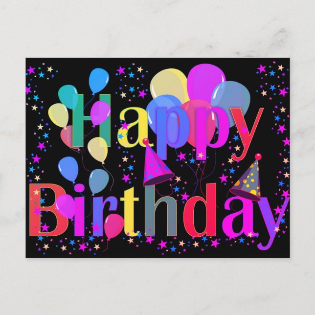 Bunte Star Confetti Happy Birthday Balloons Postkarte (Vorderseite)
