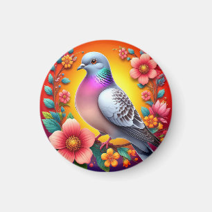 Bunte Taube umgeben von lebendigen Blumen Magnet