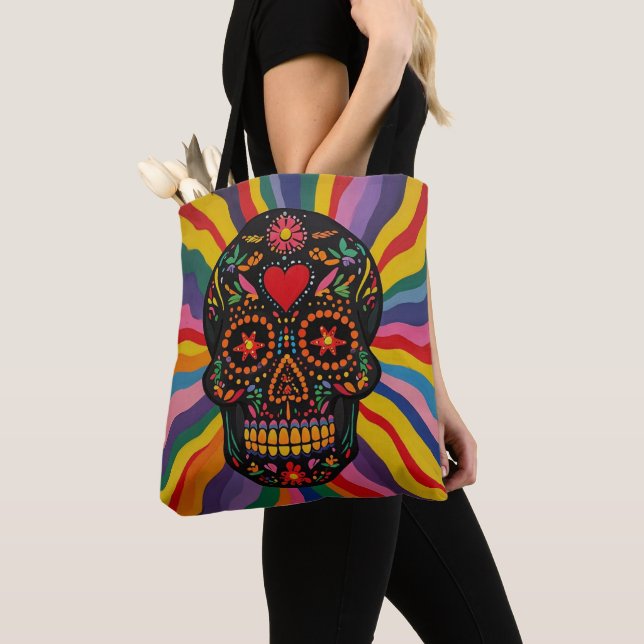 Bunte Totenkopf-Tragetasche mit Regenbogen-Design (Von Nahem)