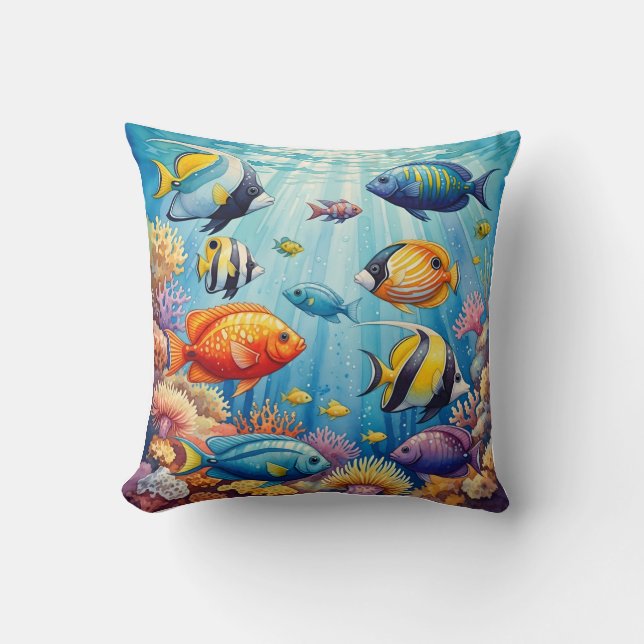 Bunte tropische Korallenriff-Fische Aquarell Kissen (Vorderseite)