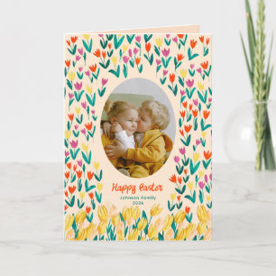 Bunte Tulpen Frohe Ostern Familienfoto Grüße Karte