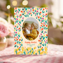 Bunte Tulpen Frohe Ostern Familienfoto Grußkarte