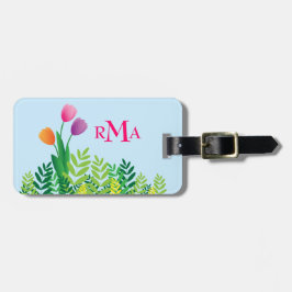 Bunte Tulpen, grüne Vegetation u. Monogramm Gepäckanhänger