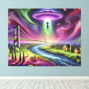 Bunte UFO-Entführungsszene Alien und kosmischer Hi Leinwanddruck