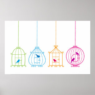 Bunte Vintage Birdcages mit niedlichen Vögeln Poster