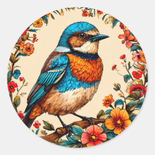 Bunte Vogel Florale Natur Kunst 🖼️ Elegant Runder Aufkleber