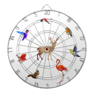 Bunte Vögel, Hirsche und Eichhörnchen auf Weiß Dartscheibe