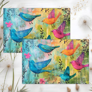 BUNTE VÖGEL IM FLUG MIXED MEDIA DÉCOUPAGE SEIDENPAPIER