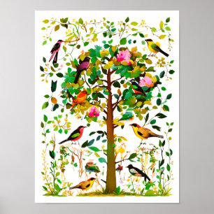 Bunte Vögel in einem blühenden Baum Poster