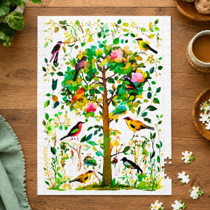 Bunte Vögel in einem blühenden Baum Puzzle