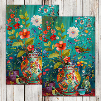 BUNTE VÖGEL MIT BLUMEN IM VASE DEKUPAGE SEIDENPAPIER