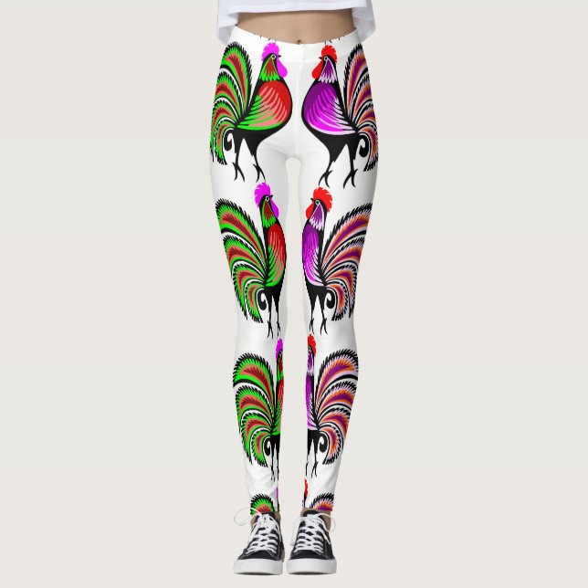 Bunte Volkskunst-Hähne Leggings (Vorderseite)