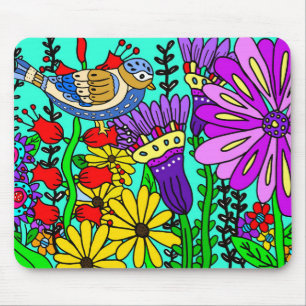 Bunte Volkskunst im Stil von Vogel und Blumen Mousepad