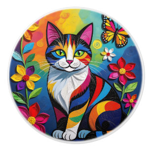 Bunte Volkskunst Katze   Keramikknauf