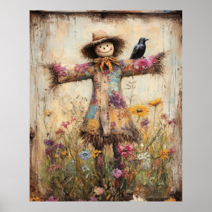 Bunte Volkskunst-Vogelscheuche mit Wildblumen Poster