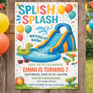 Bunte Wasserrutsche Splash Geburtstagsfeier Design Einladung