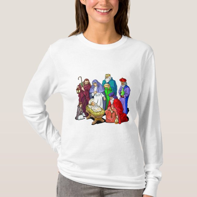 Bunte WeihnachtsGeburt Christis-Szene T-Shirt (Vorderseite)