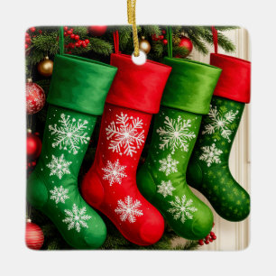 Bunte Weihnachtsstrümpfe hängen zusammen Keramikornament
