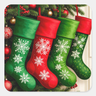 Bunte Weihnachtsstrümpfe hängen zusammen Quadratischer Aufkleber