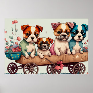 Bunte Welpen im Wagen Poster