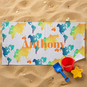 Bunte Weltkarte für Kinder mit individuellem Namen Strandtuch