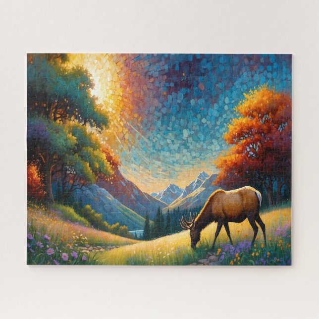 Bunte Wiesenelk mit Blumen Kunst Puzzle (Horizontal)