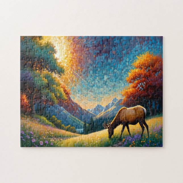 Bunte Wiesenelk mit Blumen Kunst Puzzle (Horizontal)
