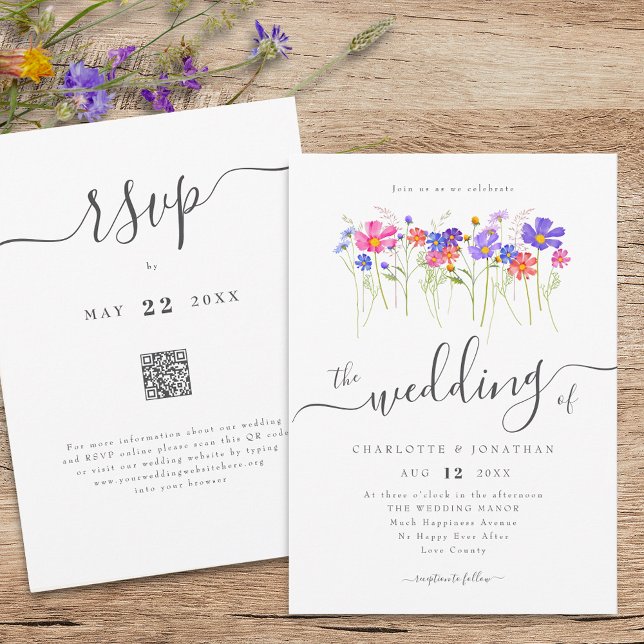 Bunte Wildblumen Boho Hochzeit QR-Code Einladung (Colorful vibrant wildflower boho wedding qr code invitation Elegant whimsical script meadow flowers)