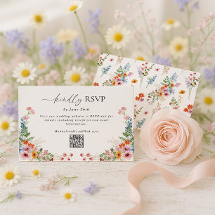 Bunte Wildblumen QR-Code Hochzeit RSVP Karte