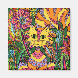 Bunte wunderliche Garten-Katzen-Grün-Blumen Magnet