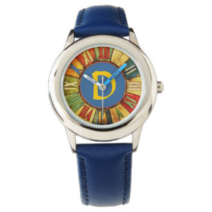 BUNTE ZEIT-BLAUES GELBES MONOGRAMM ARMBANDUHR