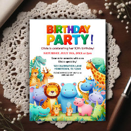 Bunte Zoo-Tiere Geburtstagseinladung Postkarte